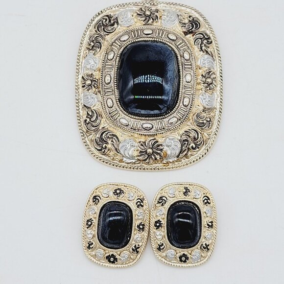 Germany Jewelry - Vintage Germany Aluminum Pendant & Clip On Earrings Set Blonde Gold Tone